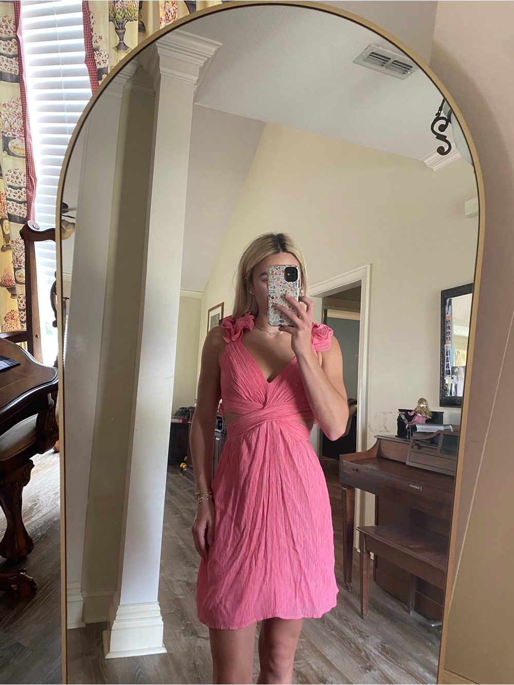 Pink Tie-Shoulder V-Neck Women's Dress